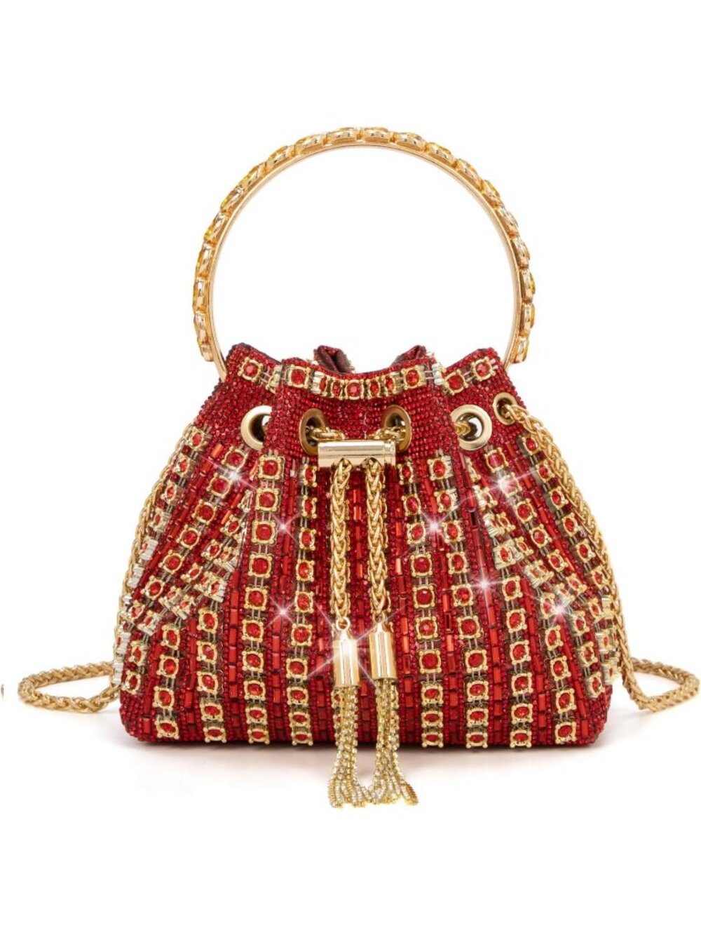 Women Red Sparkly Rhinestone Clutch Purse Diamond Chain Evening Bag